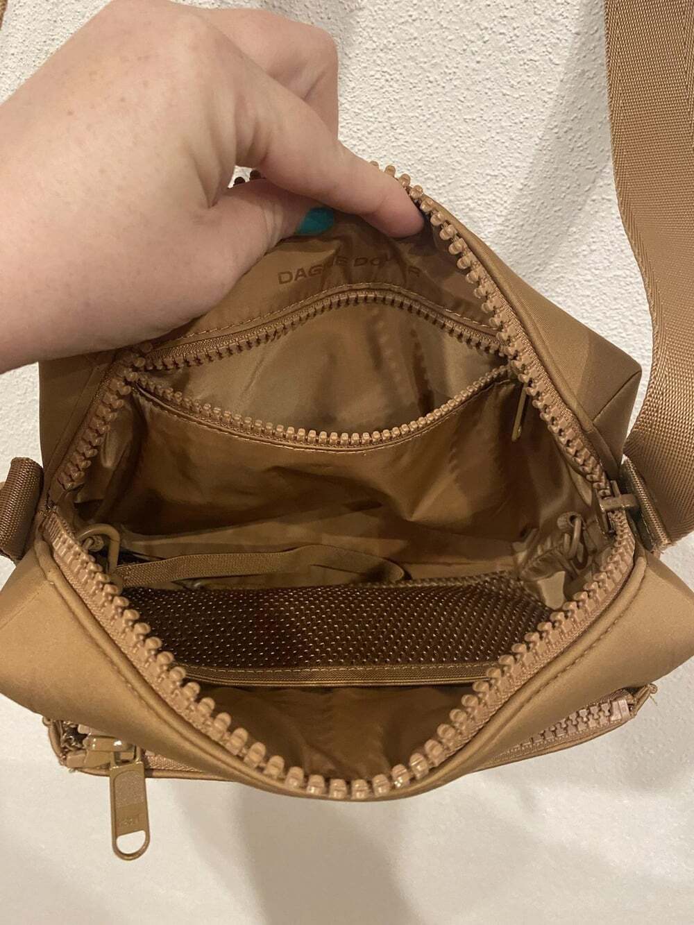 Dagne Dover Micah Crossbody Bag Womens Small Tan Neoprene Zip Purse Adjustable - Picture 6 of 6